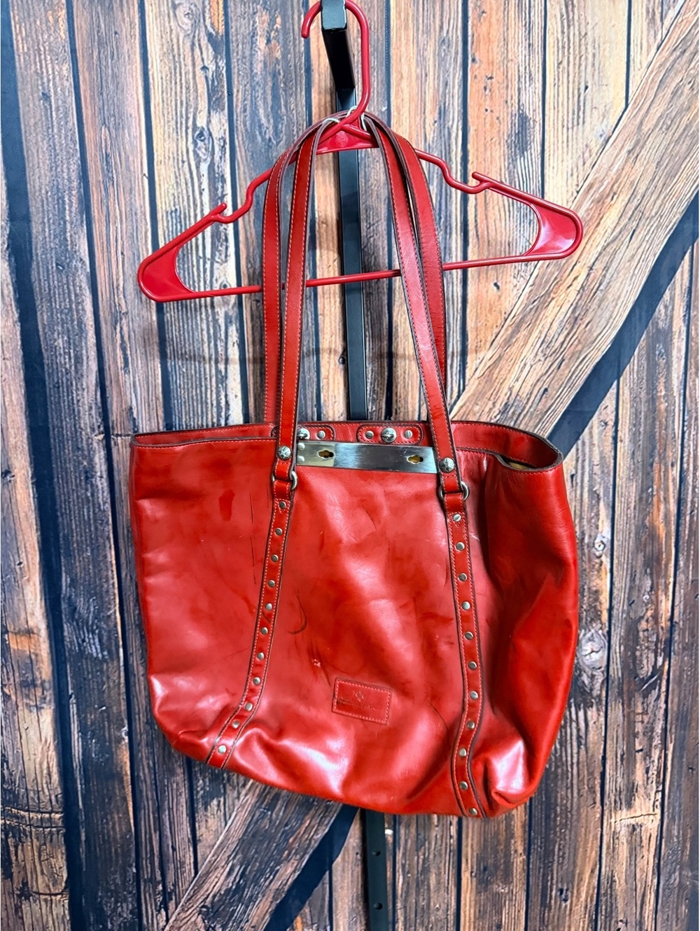 Patricia Nash Red Leather Tote Bag with Studded Straps